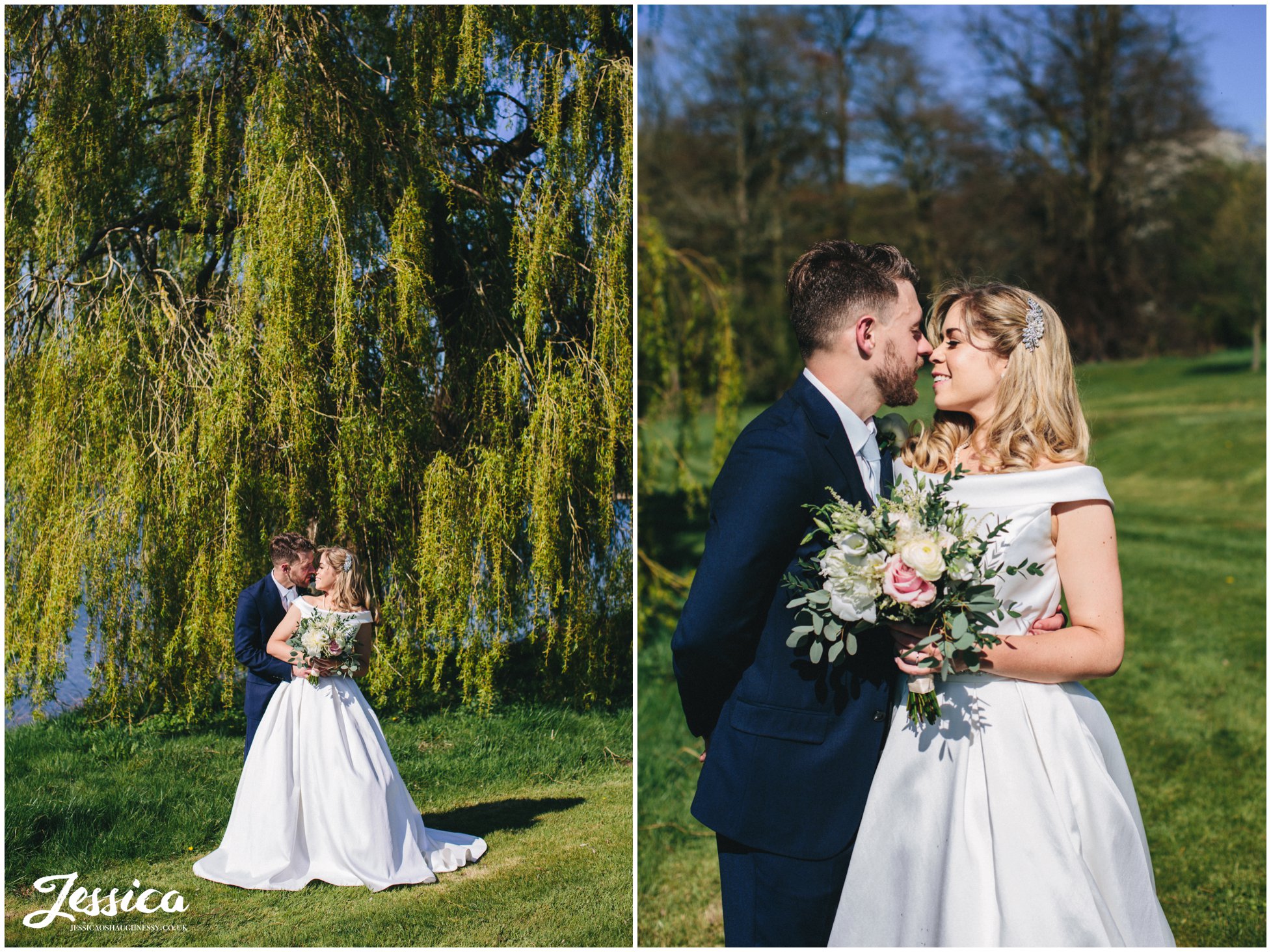 couple kiss on their sunny wedding day in whitchurch