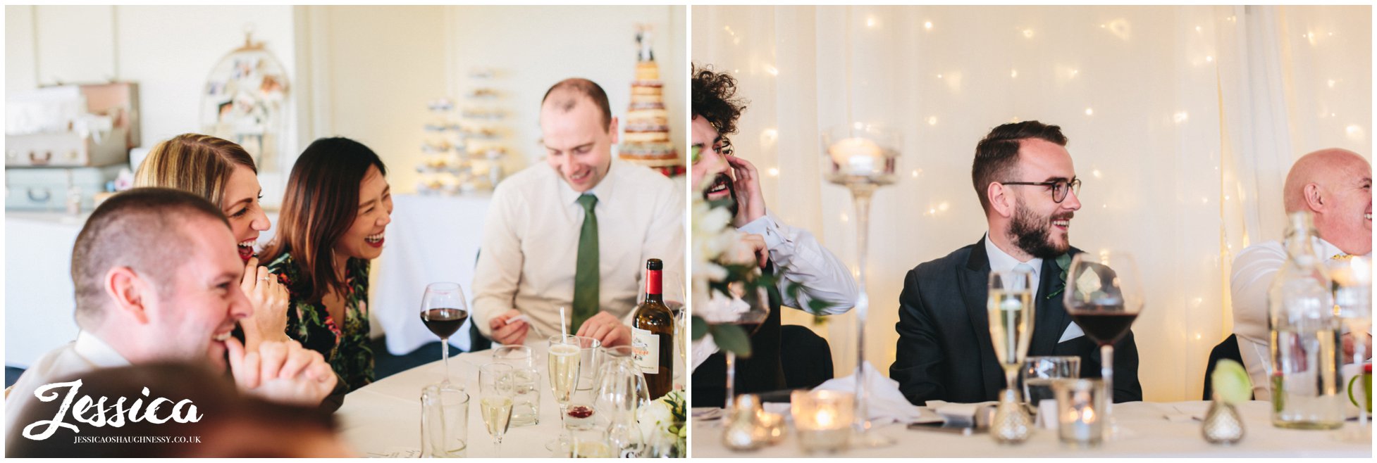 happy guests during the wedding speeches in shropshire