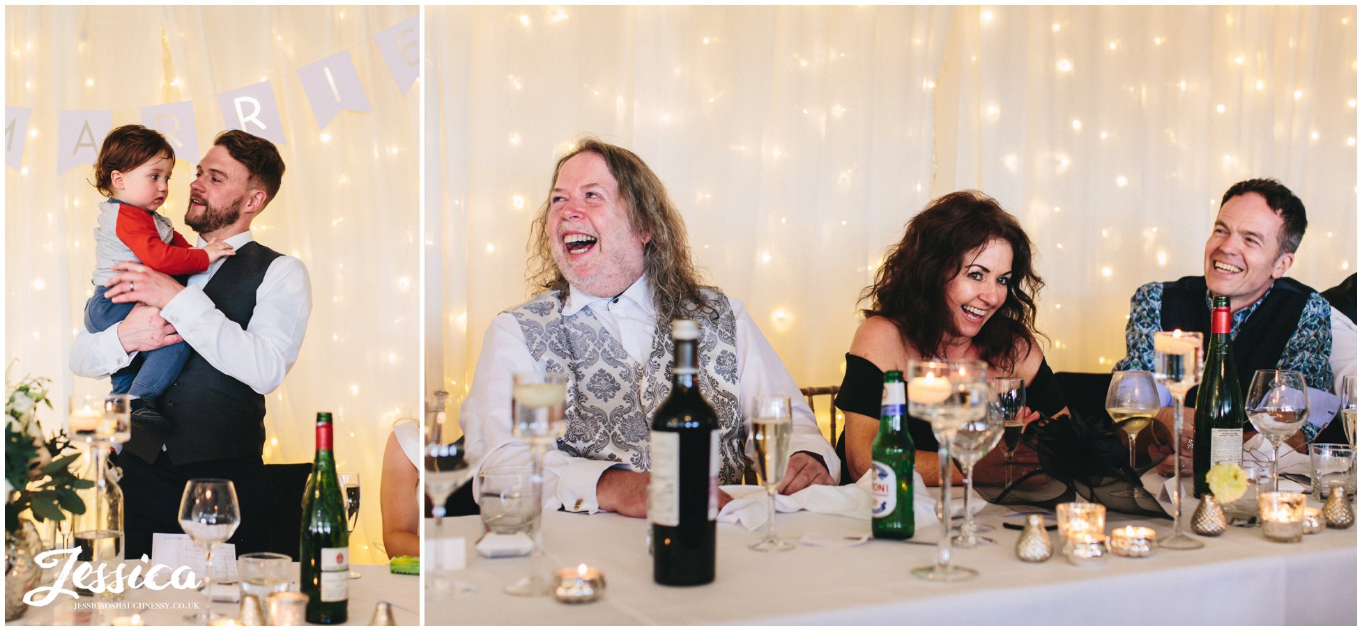 groom holds his son during the speeches as guests laugh