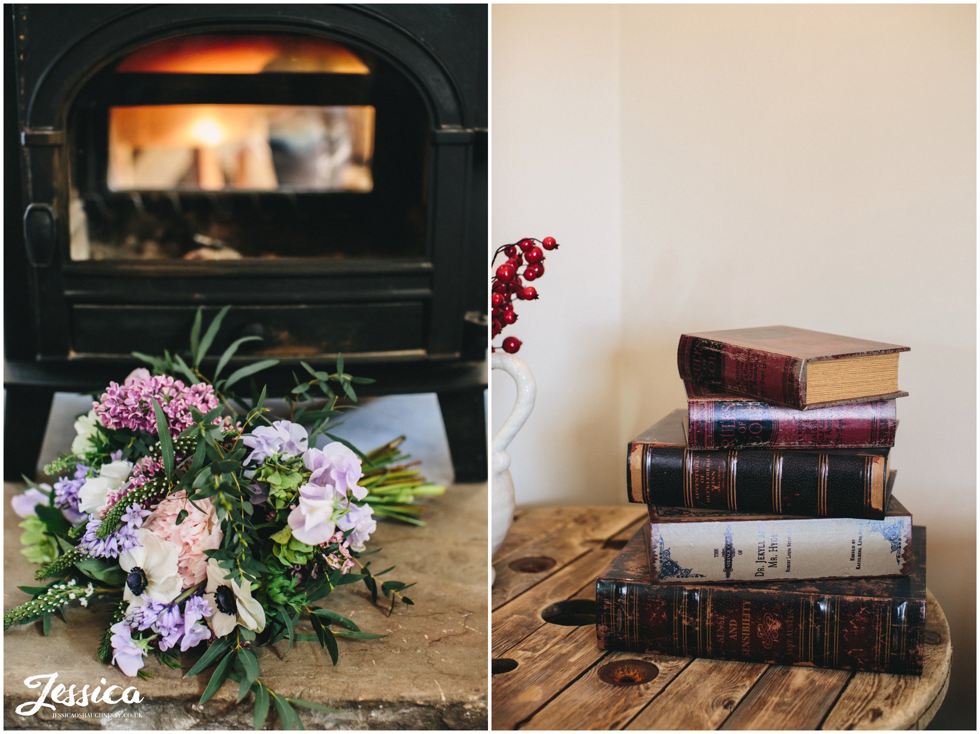 bridal bouquet in front of log burner