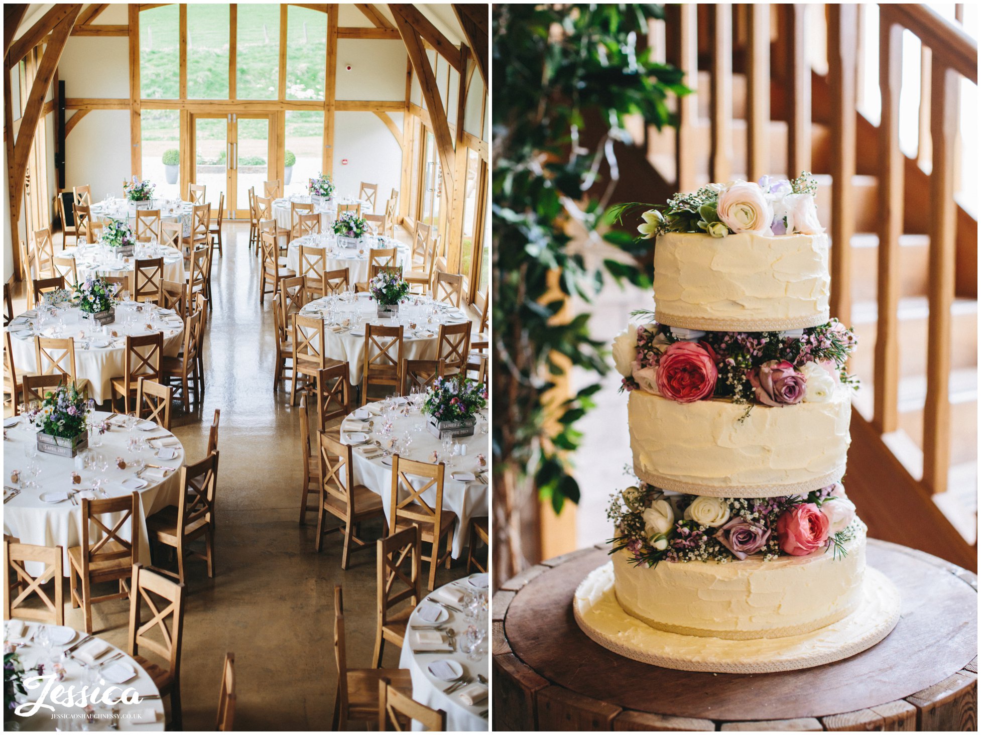 wedding cake and wedding breakfast room in the new barn at tower hill barns