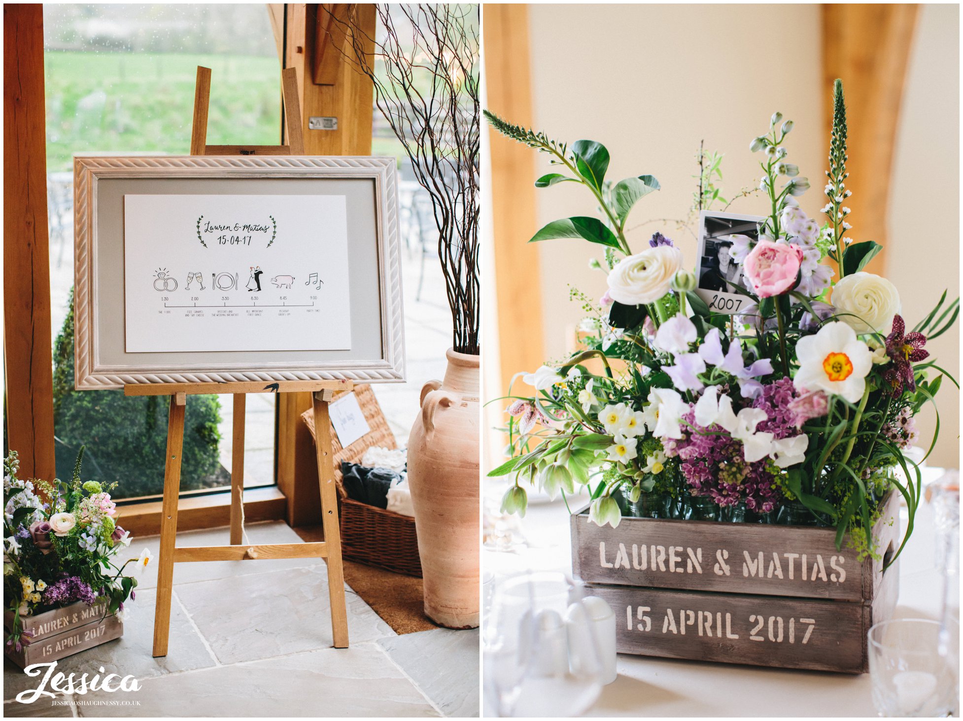 wedding timetable and flower decorate tower hill barns