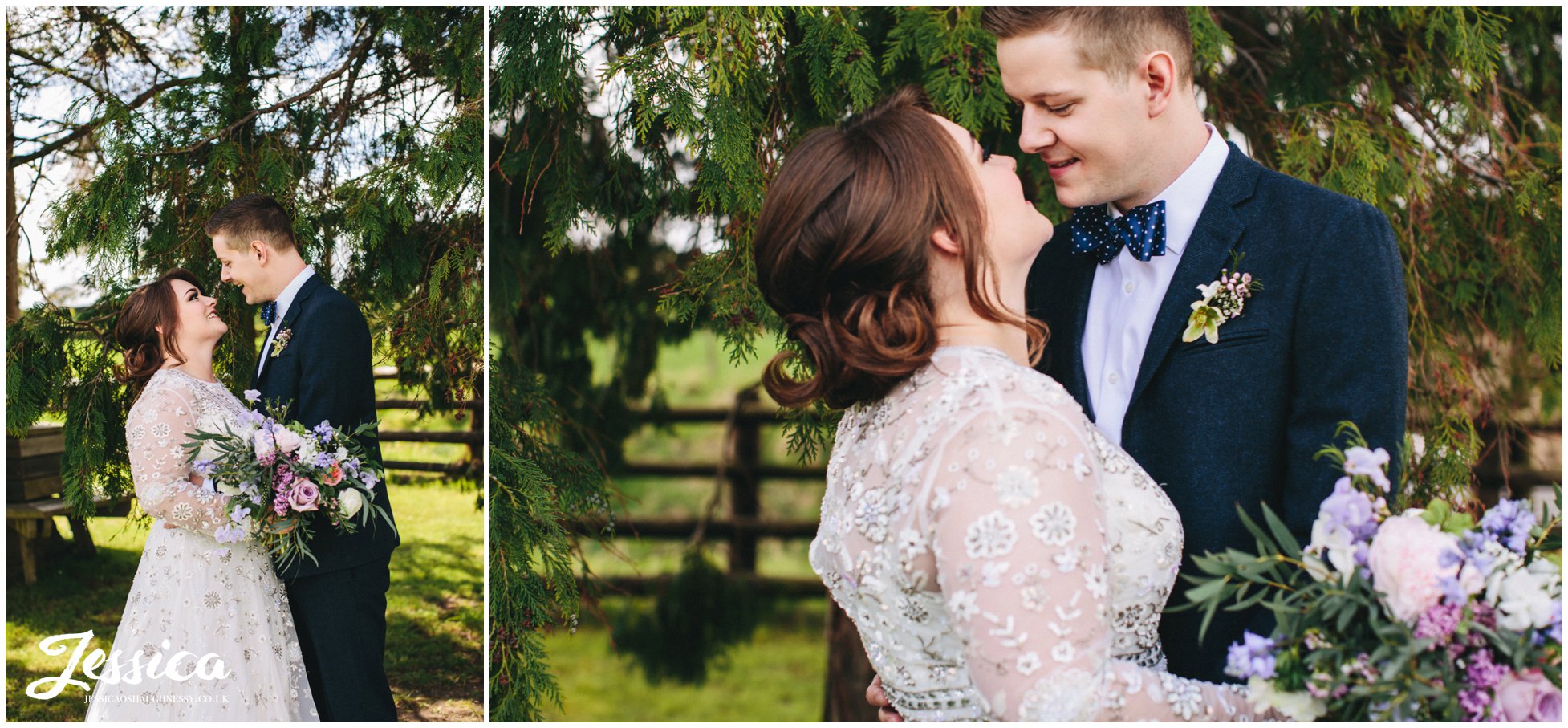 newly wed portraits under the tree at tower hill barns