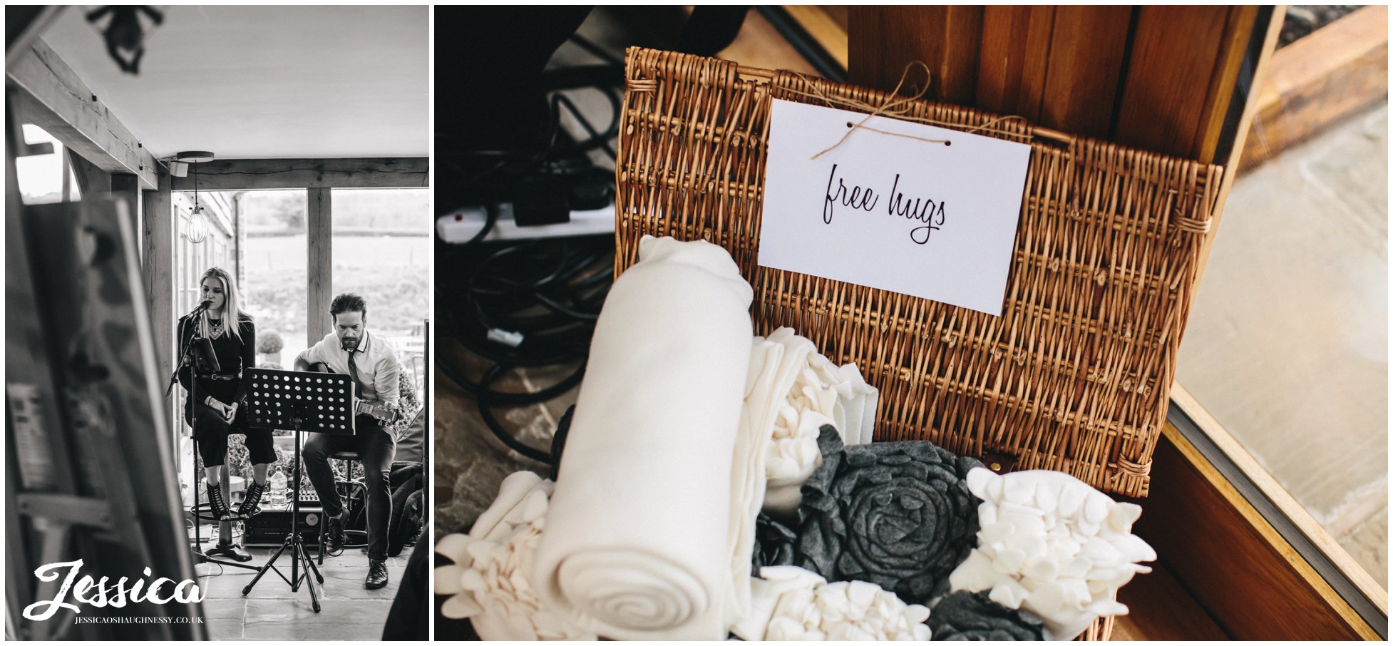 blanket labeled free hugs at a wedding in wrexham