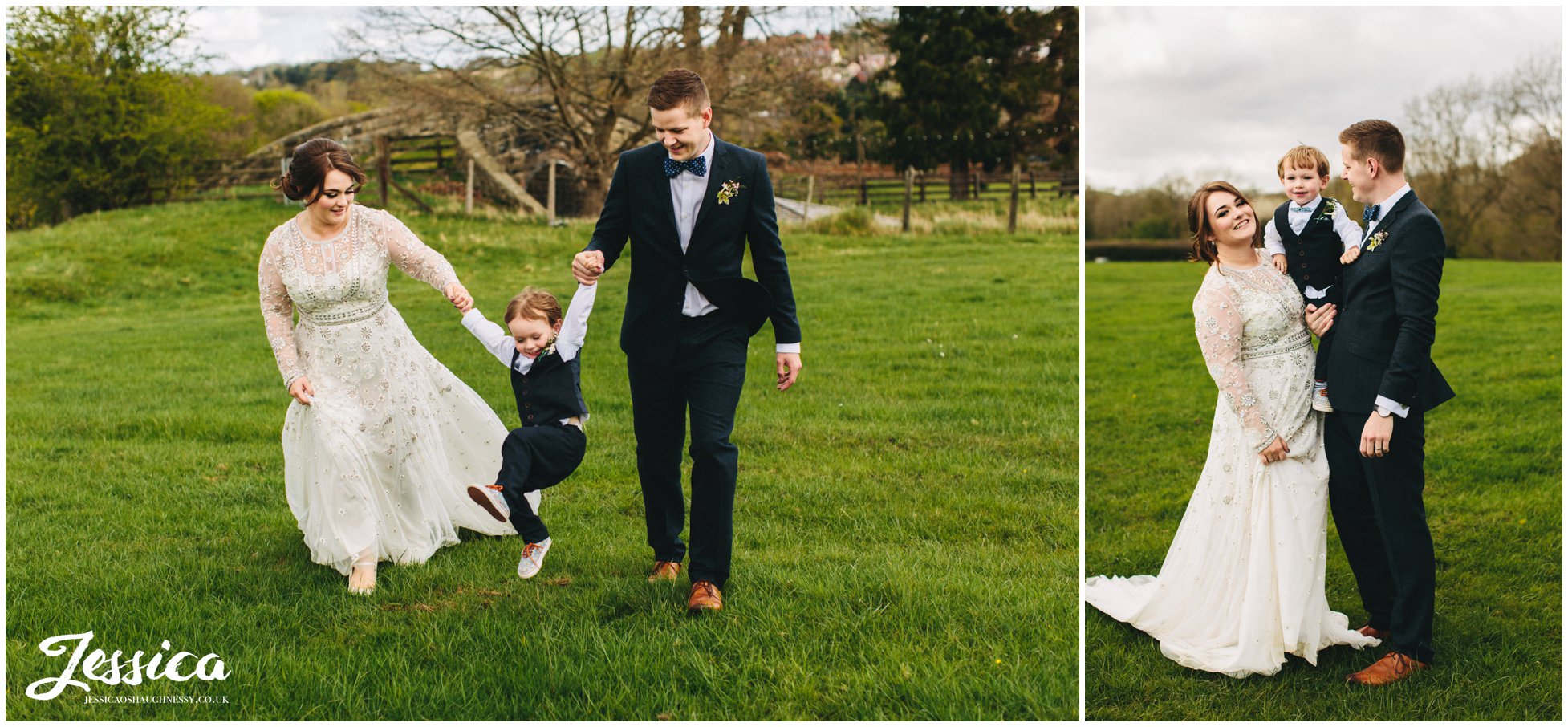 bride, groom & their son in the field at tower hill barns wedding venue, north wales