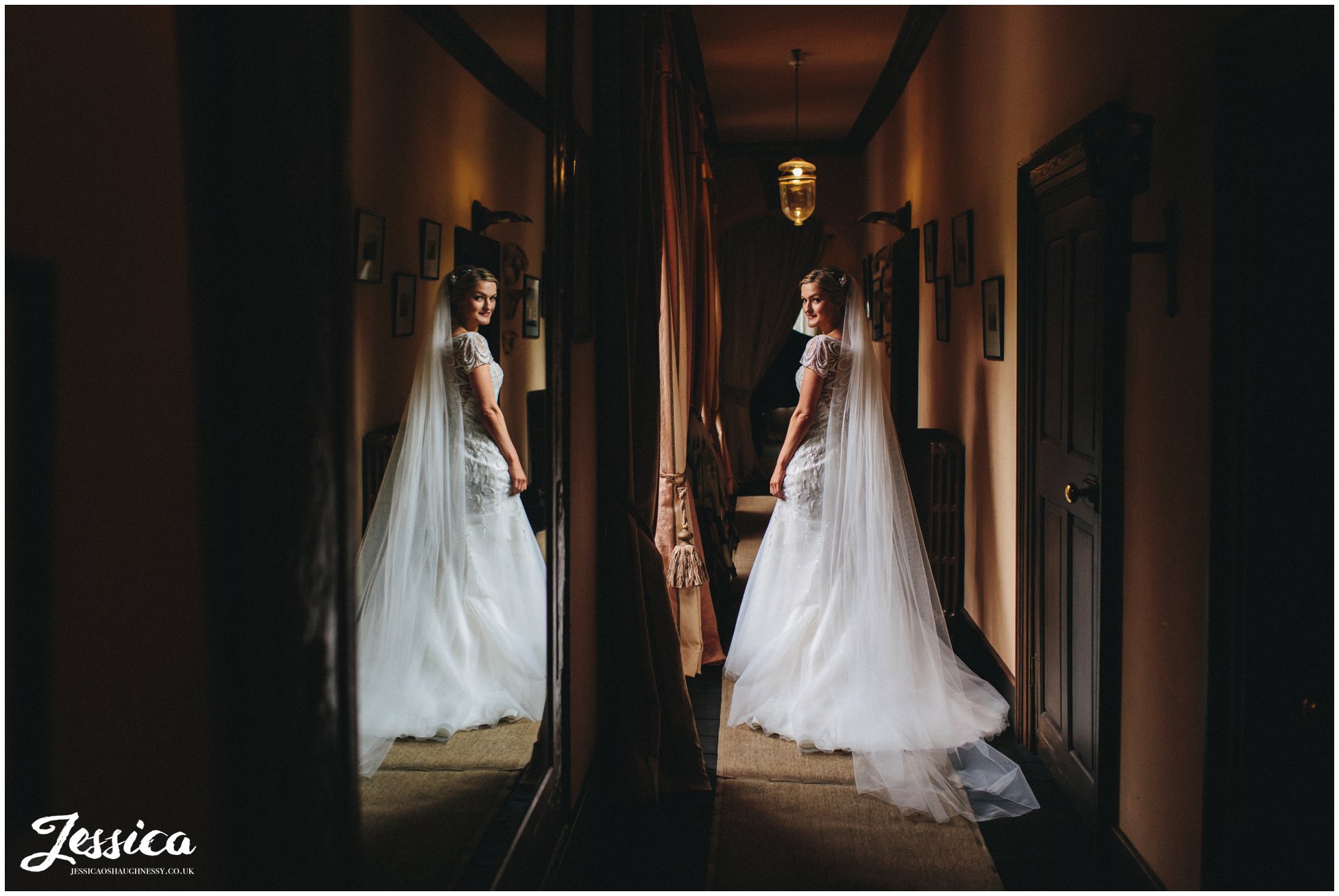 bride stands in coridoor of trevor hall, wreham