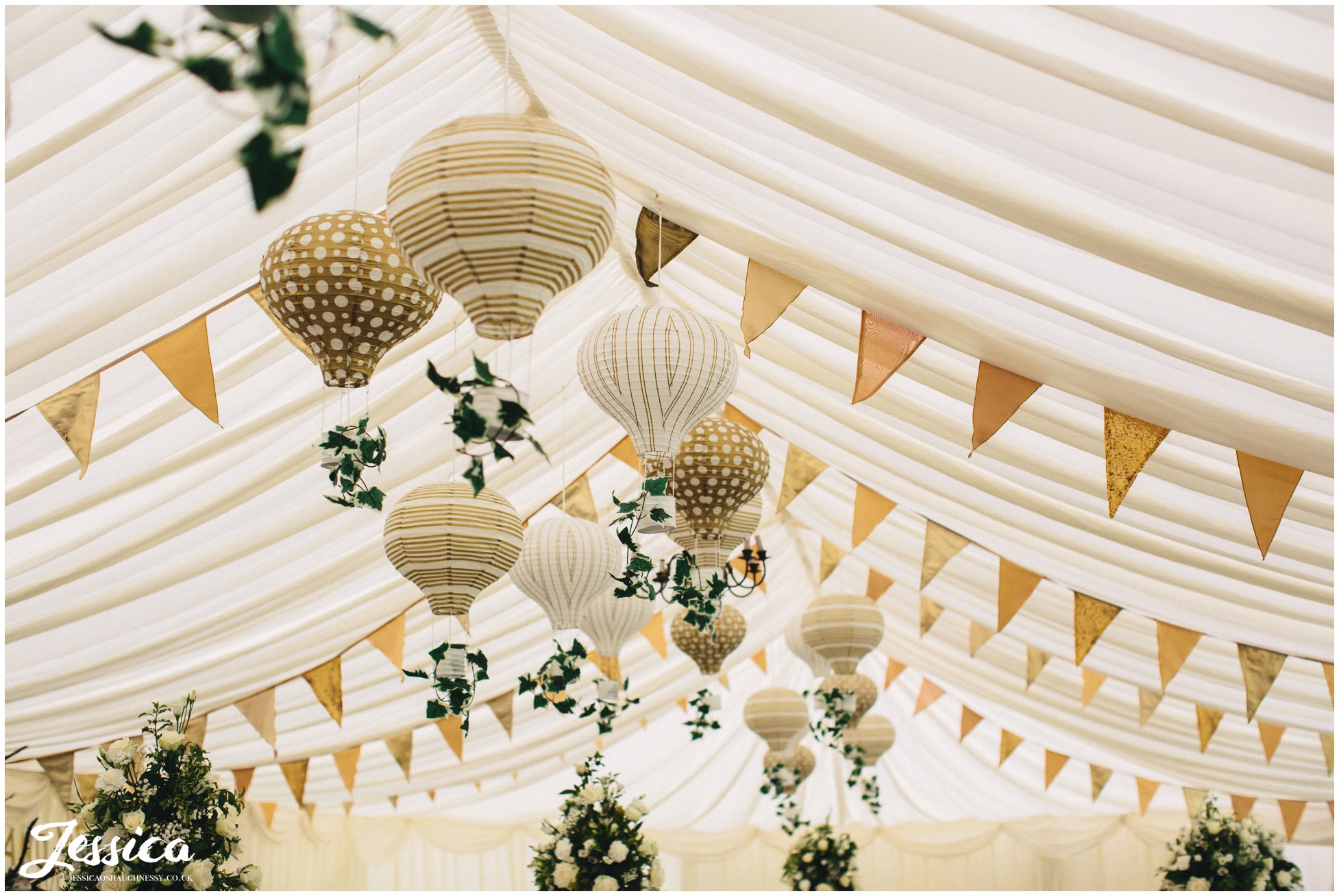 hot air balloon lanterns for a 20's wedding at trevor hall