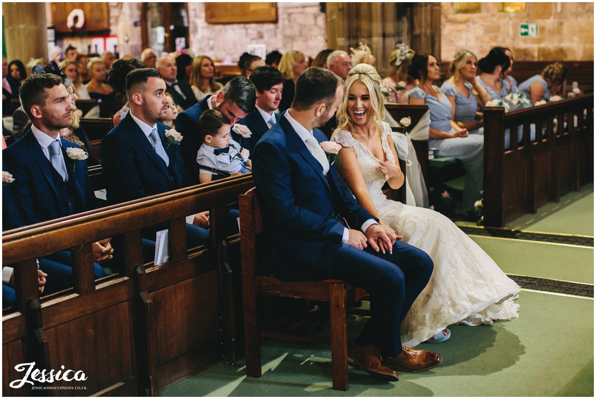 newly wed's laugh during their ceremony