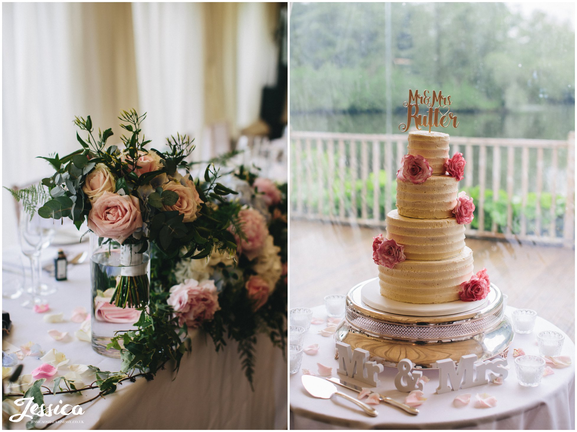 wedding cake and flowers decorate the lakeside marquee at thornton manor, a wirral wedding venue