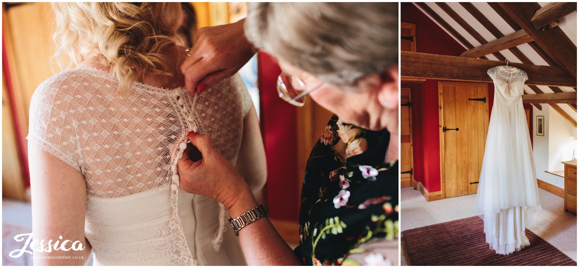 mother of the bride dressing her daughter for the wedding