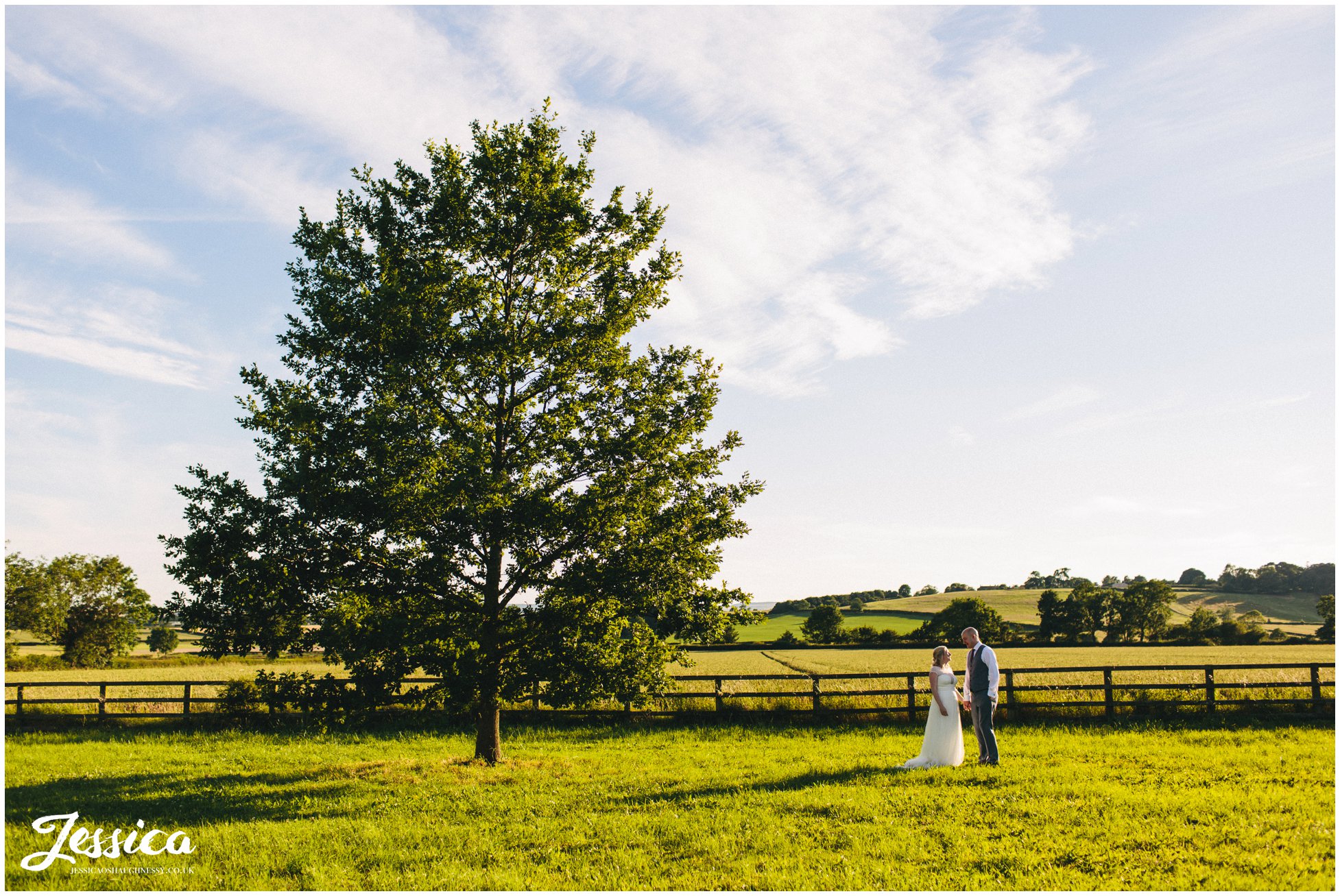 newly wed's stand next to a tree in the distance