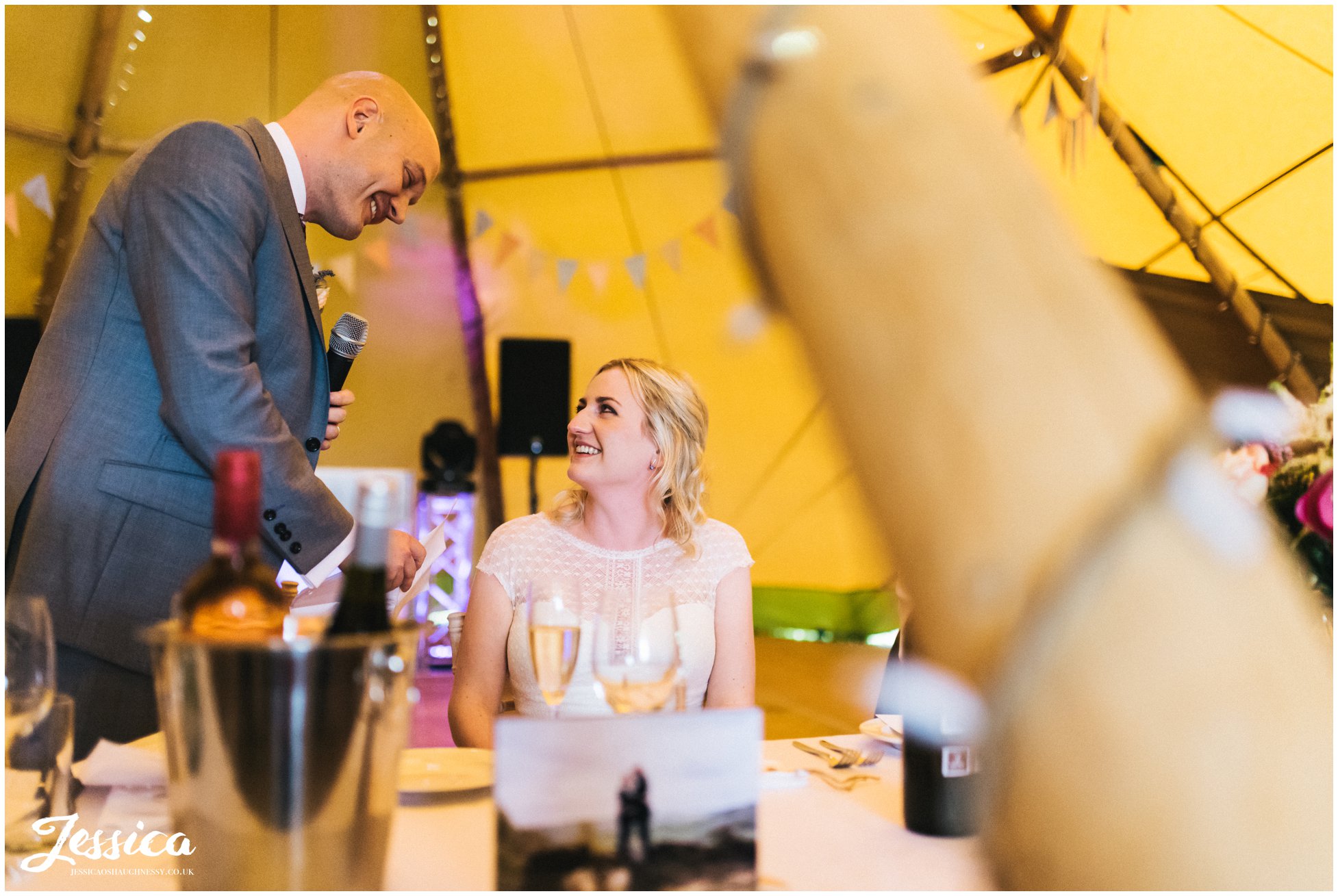 groom gives in speech to bride during their yorkshire wedding