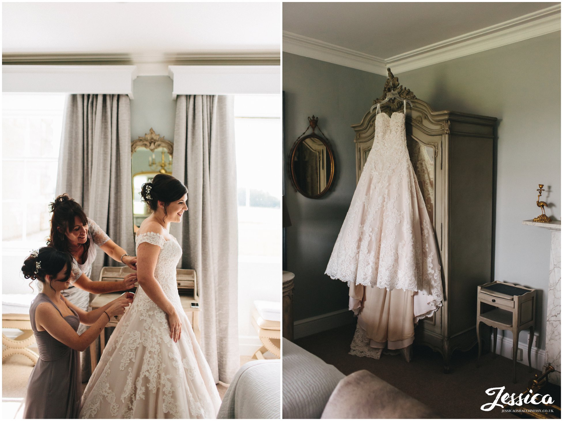 bride getting into her wedding dress at her loughborough wedding