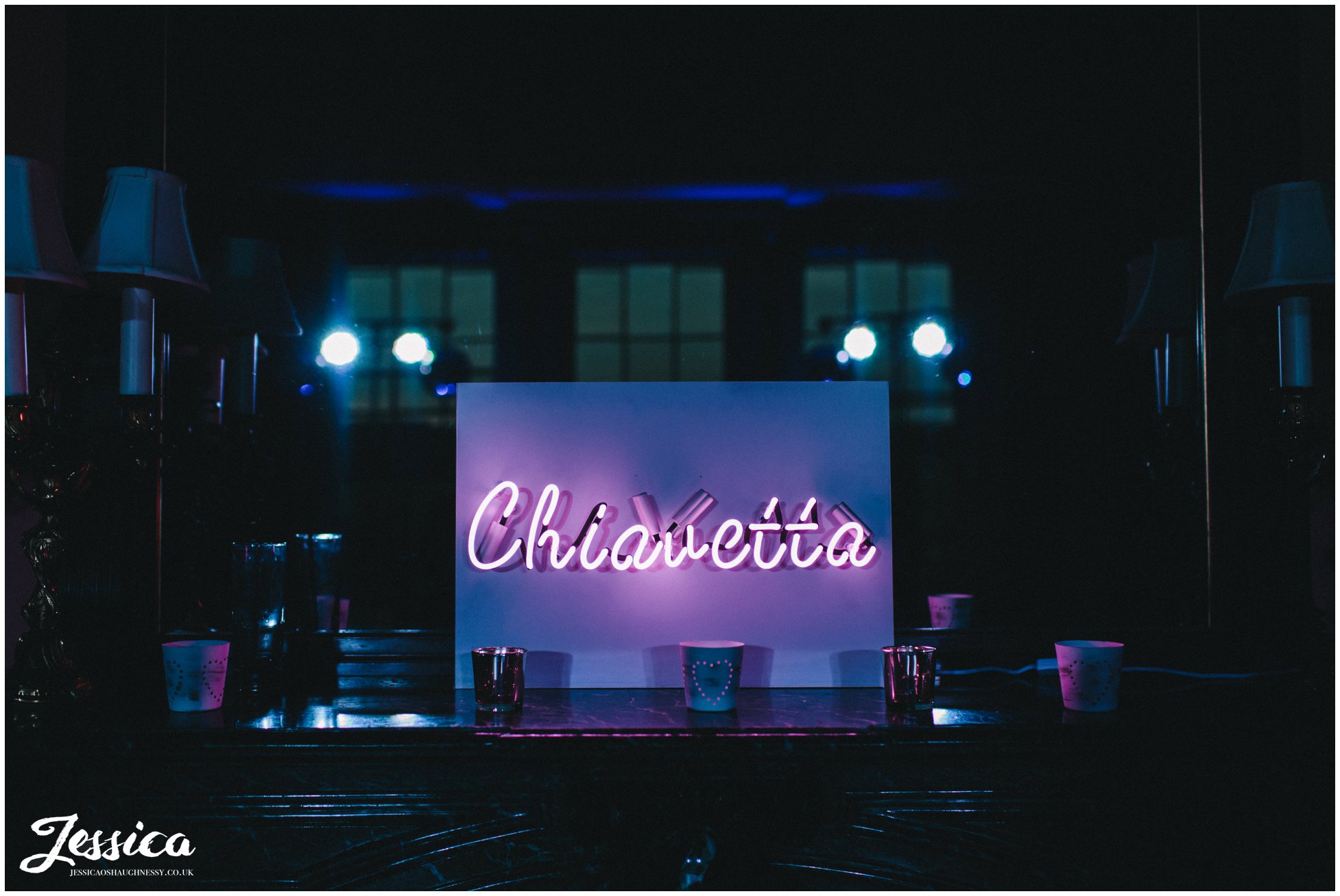 couples surname in neon lights - prestwold hall wedding