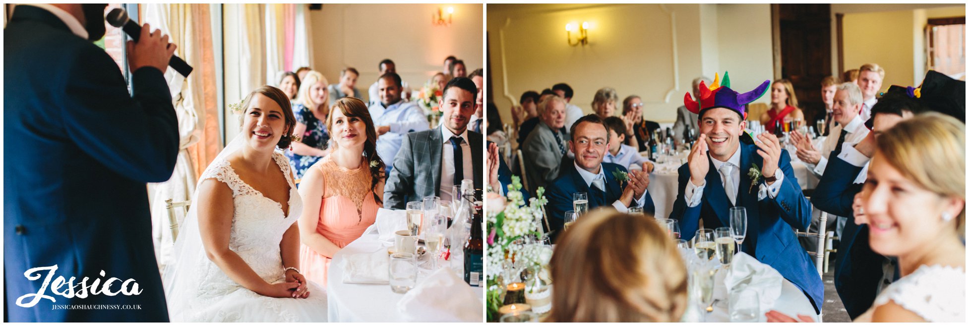 bride admires groom whilst he gives his speech