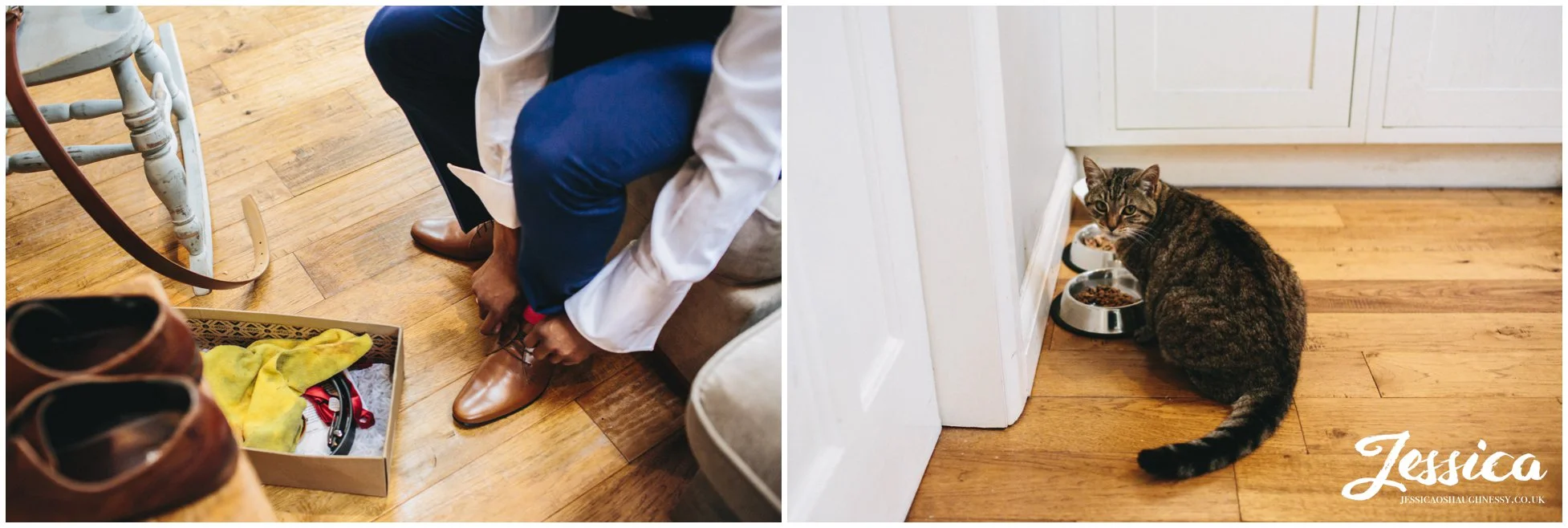 groom puts on his shoes ready for the ceremony