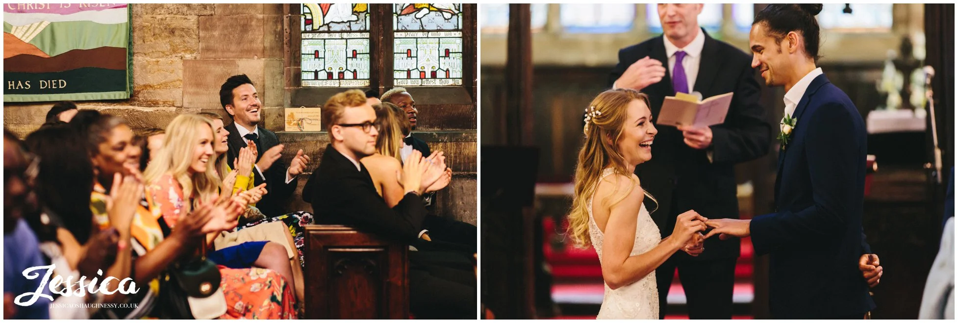 guests laughing during a light hearted wedding ceremony in cheadle