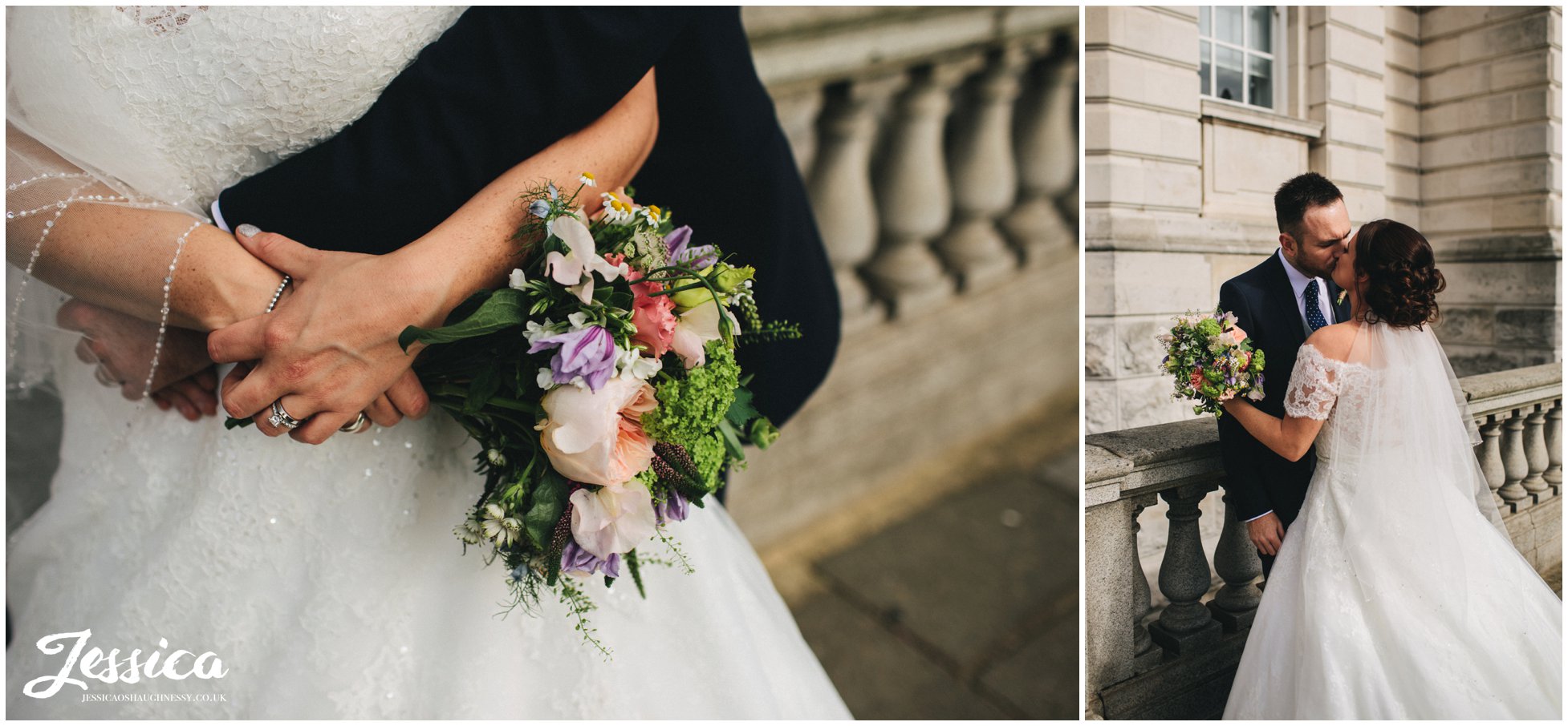 newly wed's embracing at their liverpool city centre wedding