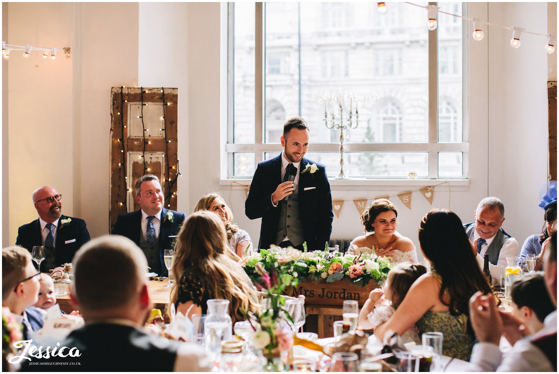 groom gives his speech at oh me oh my, liverpool wedding venue
