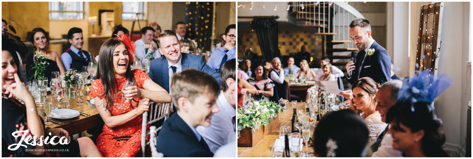 guests laughing at the groom's speech