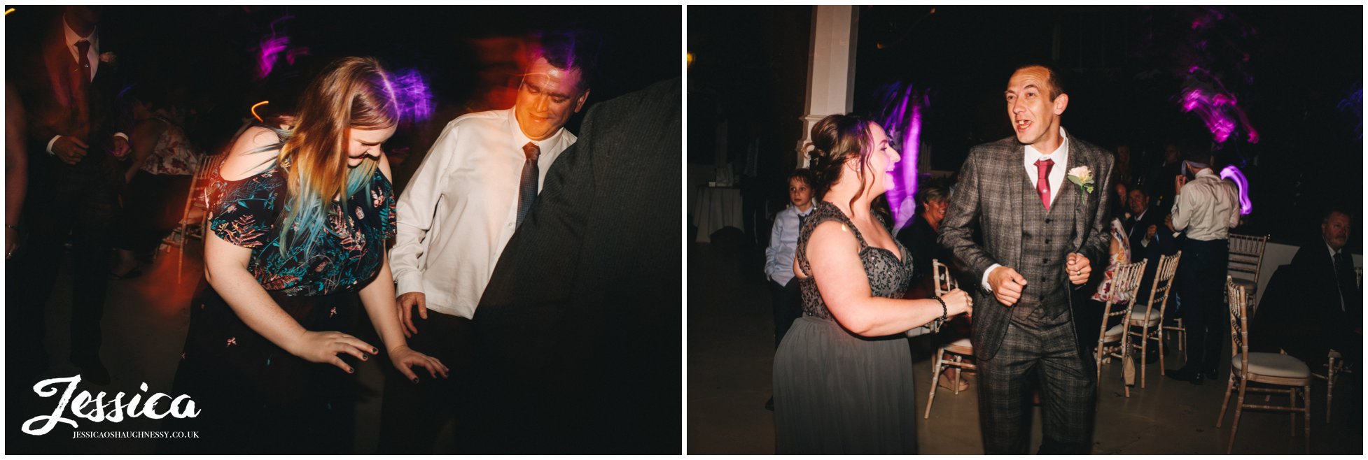 friends dance during wedding reception in liverpool