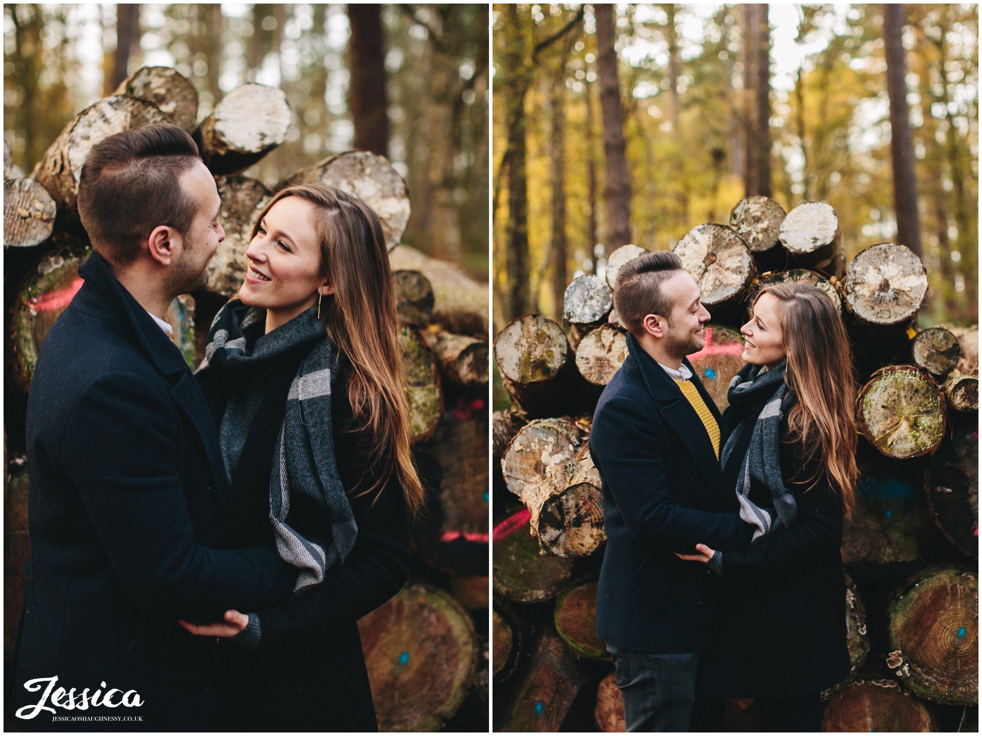 couple kissing in front of logs, delamere forest