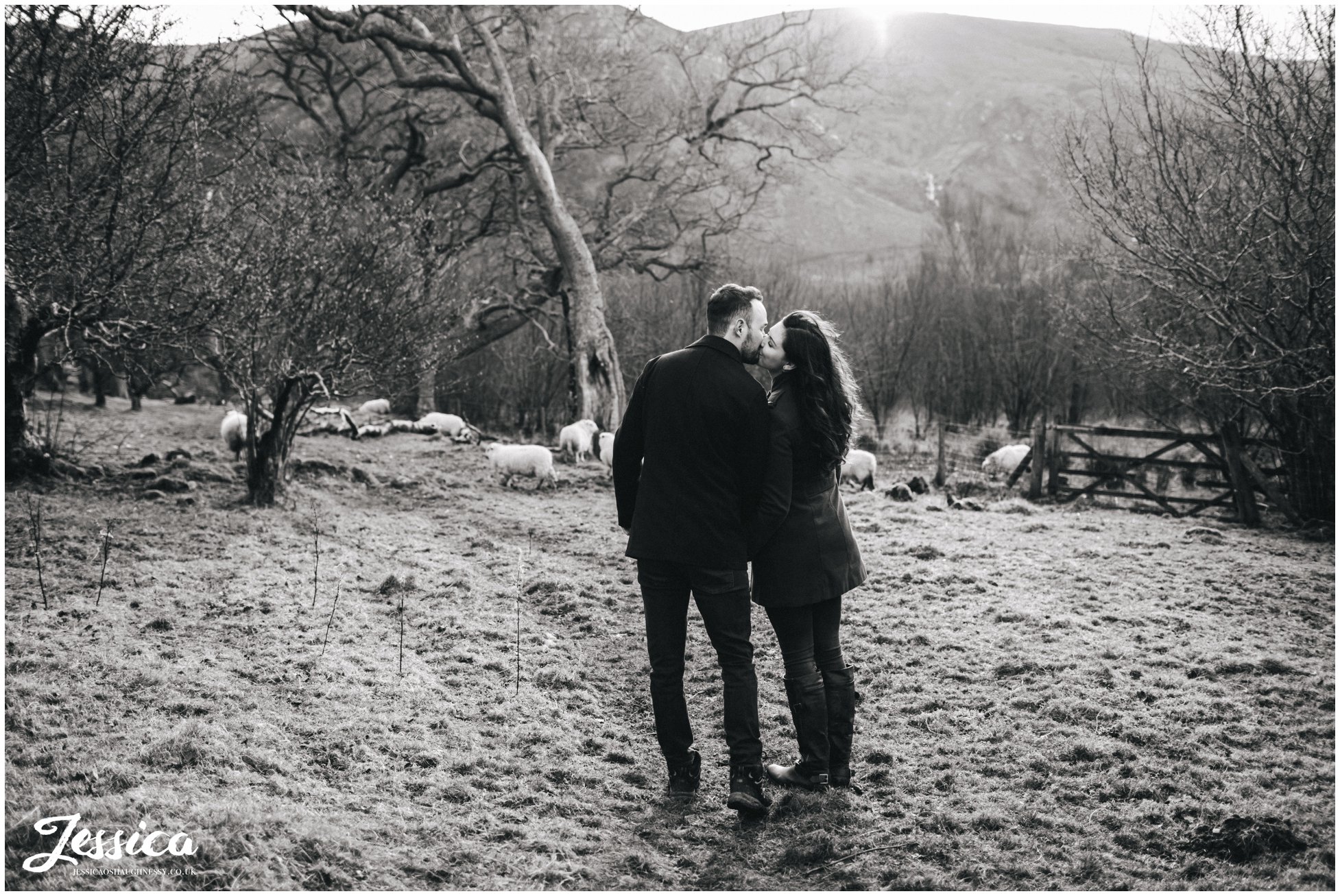 black & white photo of couple kissing - aber falls, north wales