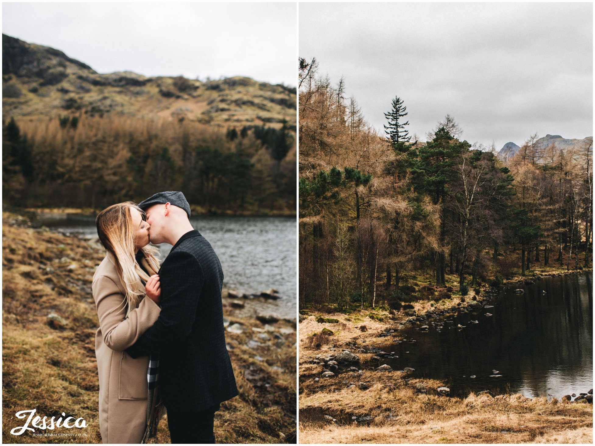 couple kissing on their engagement shoot in the lake district