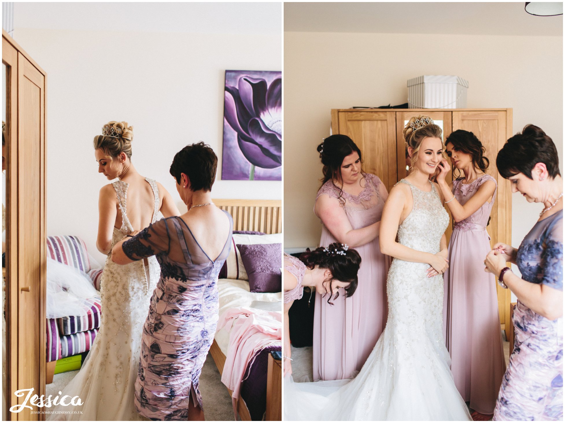 mother of the bride helps her daughter into her wedding dress