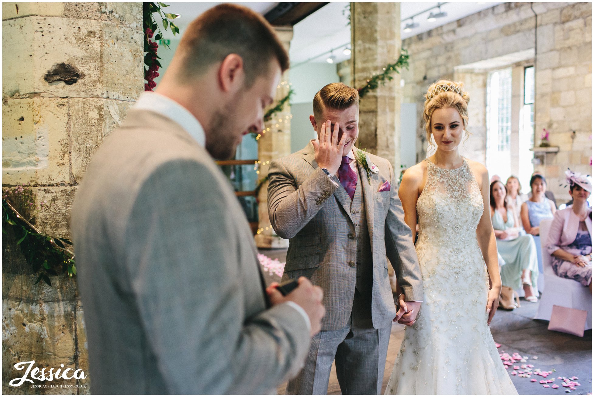 groom gets emotional during wedding ceremony in york