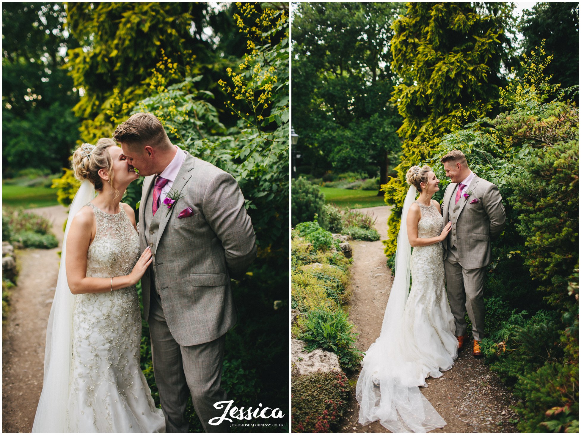 newly wed's in york museum gardens on their wedding day