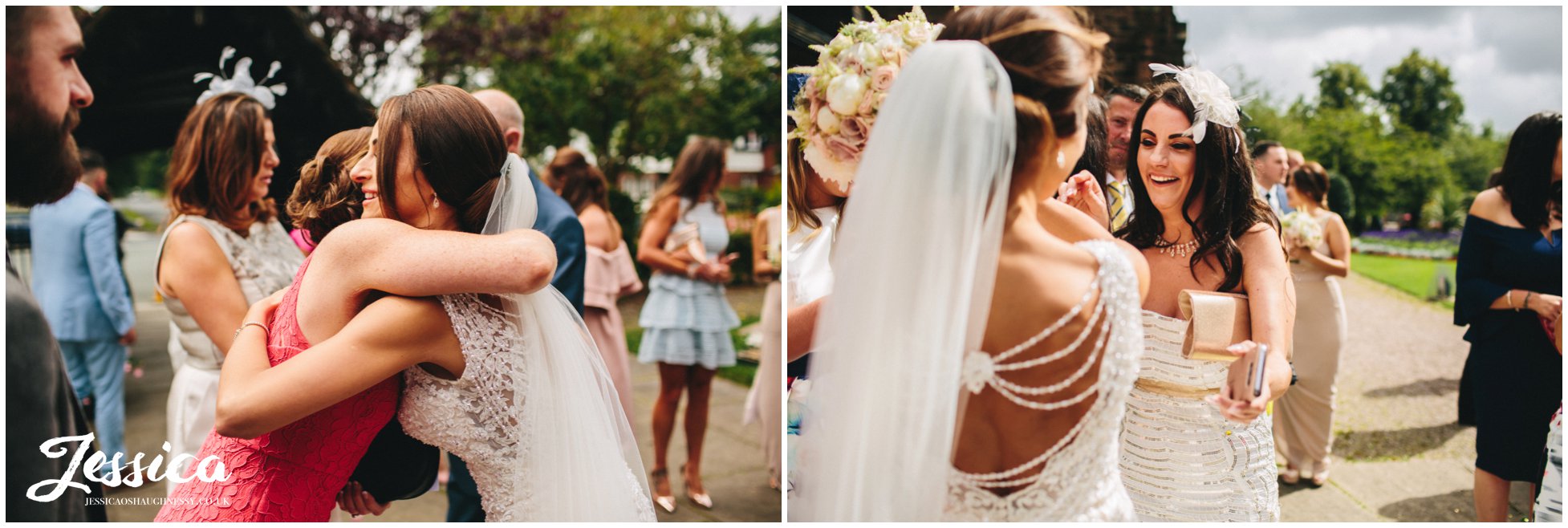 guests congratulate the new bride at christ church in port sunglight