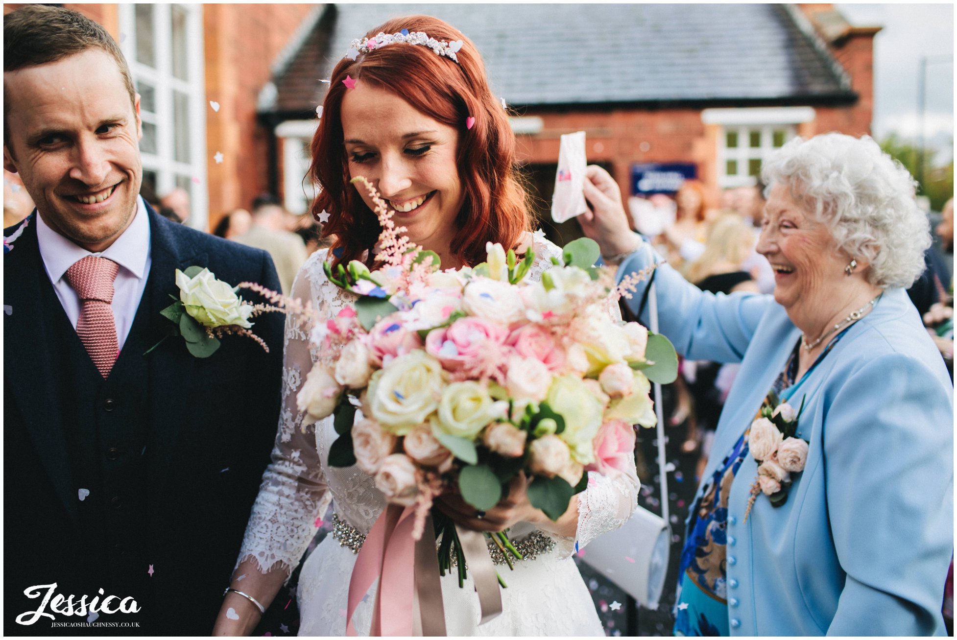 grandma pours confetti over the bride at a manchester wedding