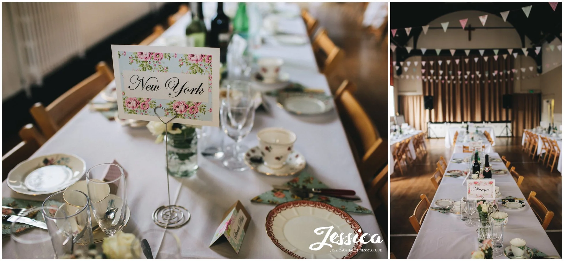 china cups & saucers line the wedding tables in manchester
