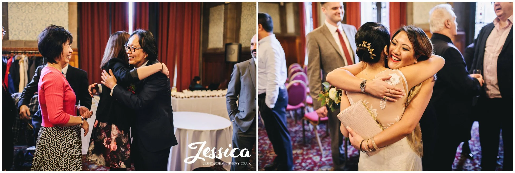 guests hug the newly wed's after their wedding