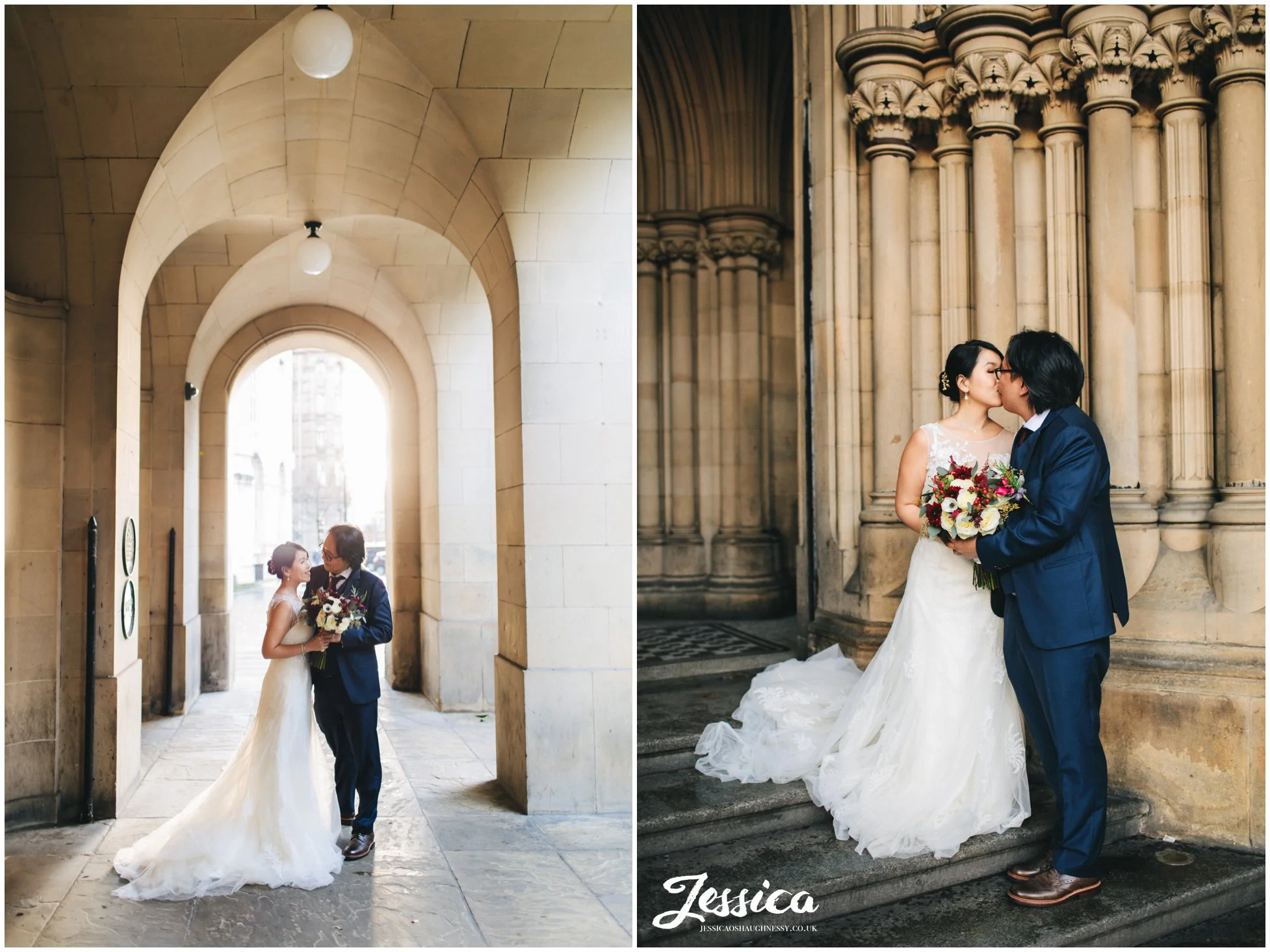 husband & wife kiss on the steps of manchester town hall