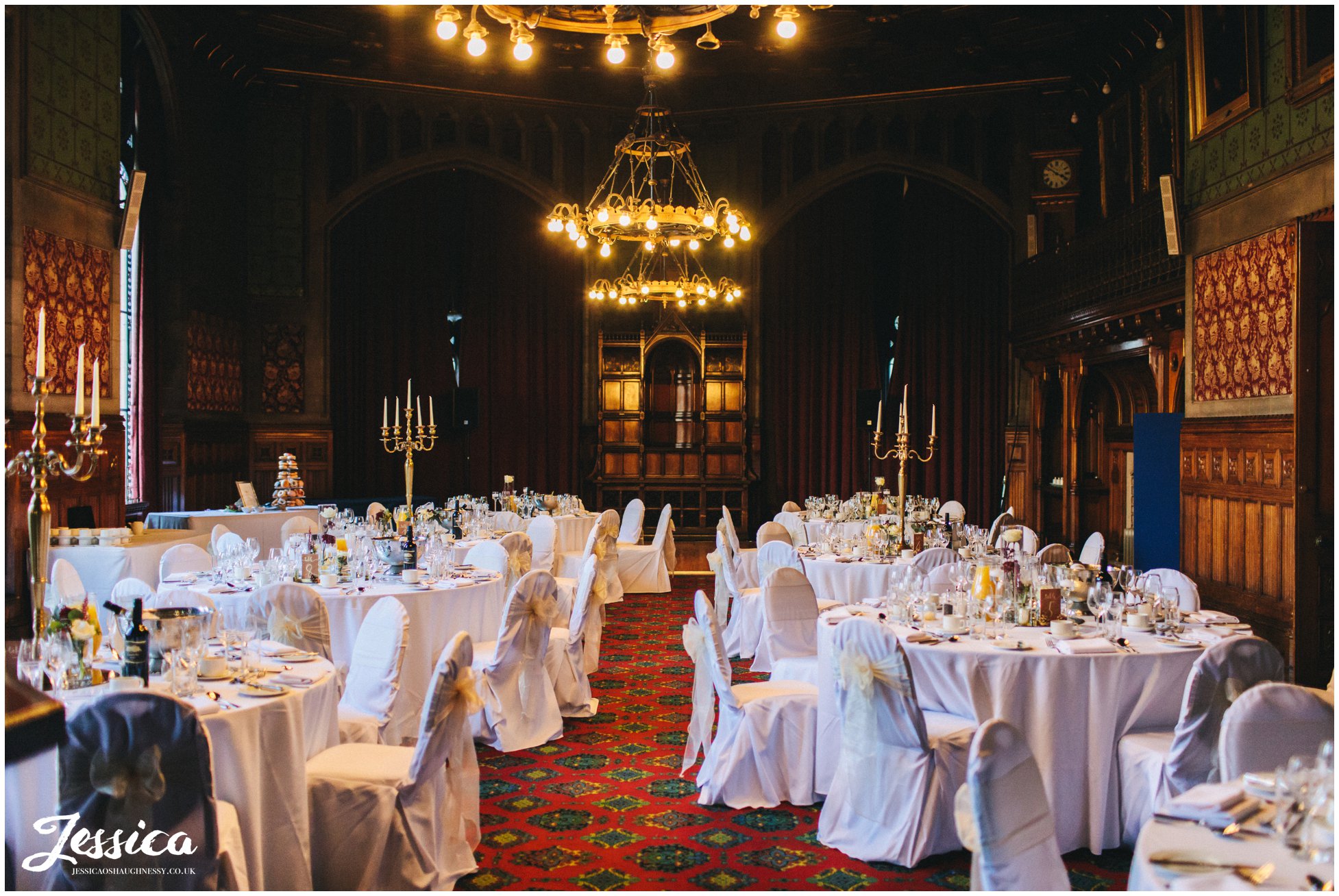 manchester town hall room laid out for wedding breakfast