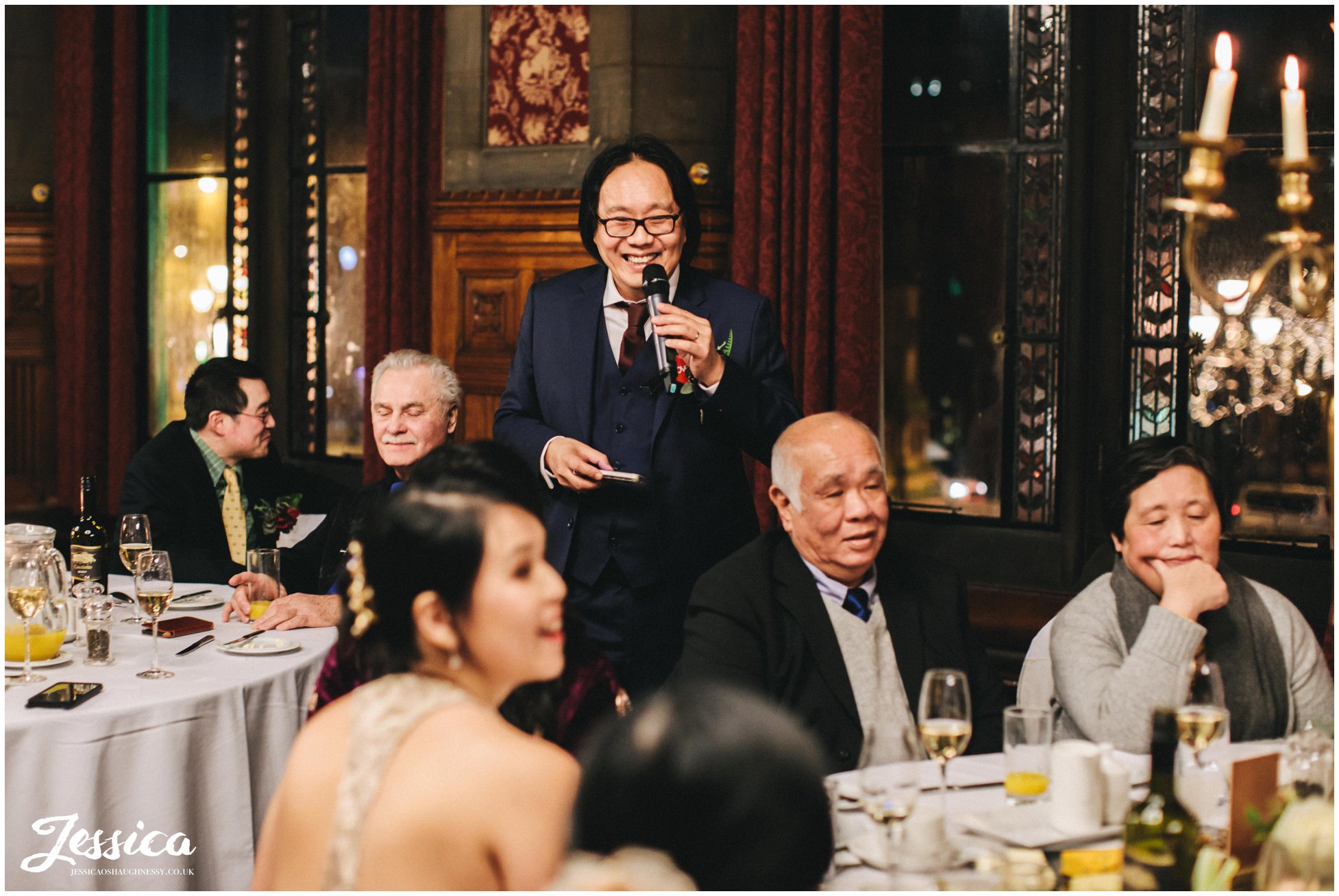 groom gives his speech at his winter wedding in manchester