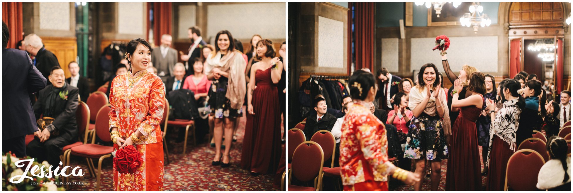 bride dressed in traditional chinese clothing throws her wedding bouquet