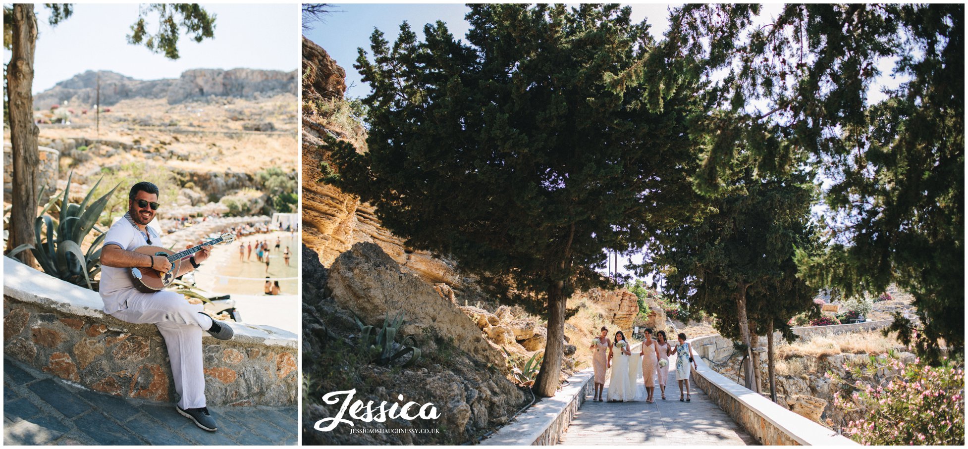 greek music is played as the bride walks down to the beach