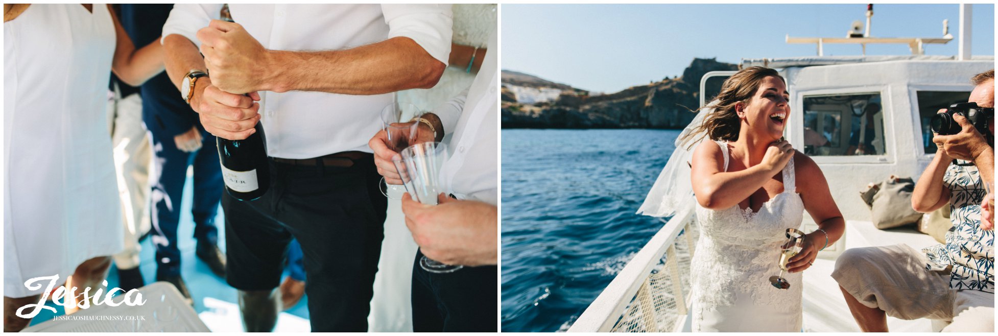 champagne is opened on the boat trip to toast the new couple
