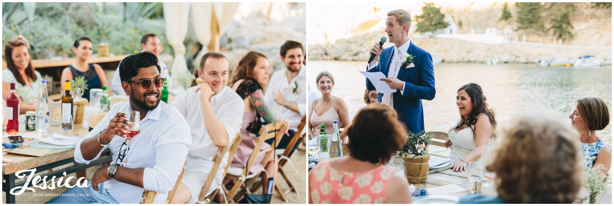 wedding guests laughing during the groom's speech