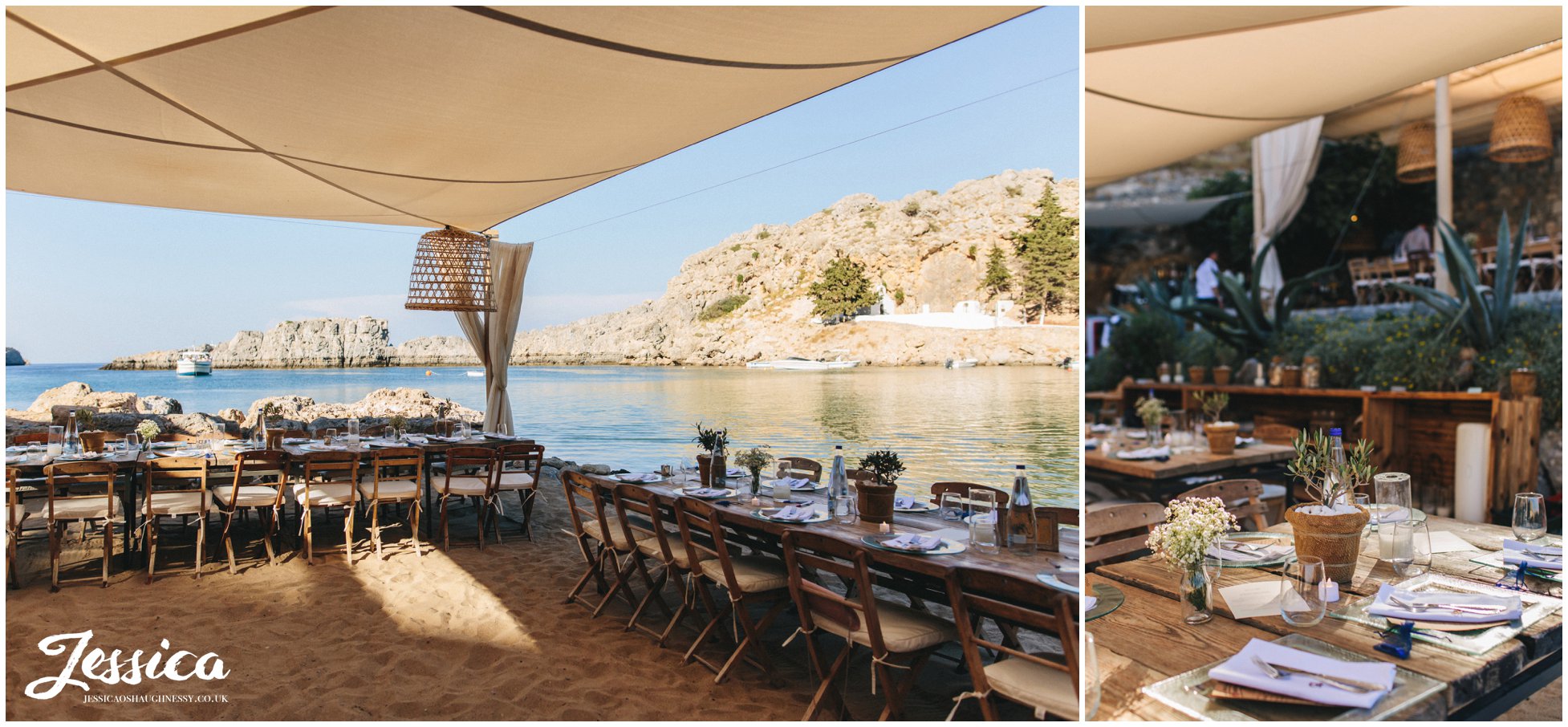 tables are decorated ready for the wedding breakfast at Tambakio Restaurant