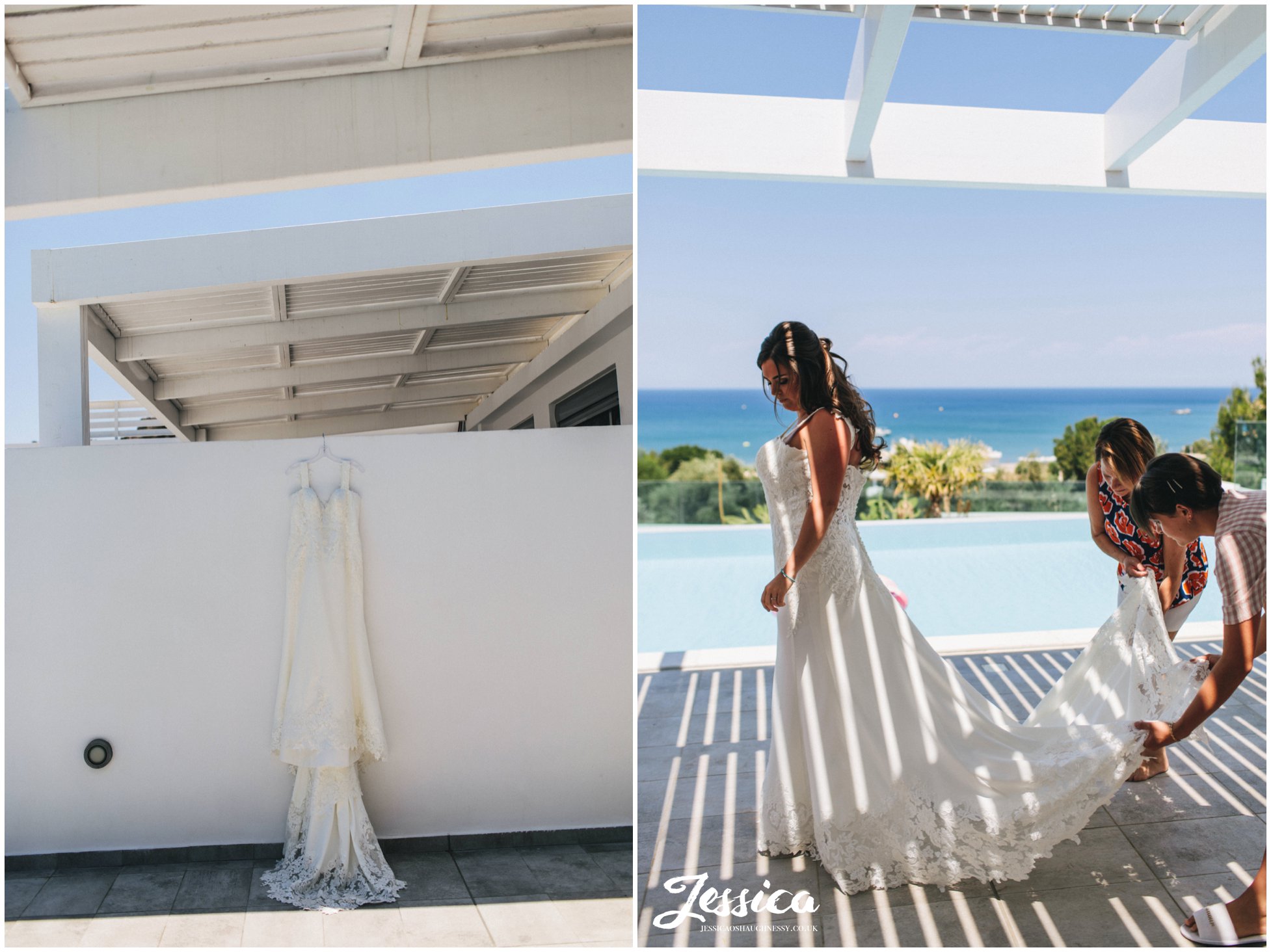 the bride gets into her wedding dress in the sunshine by the pool