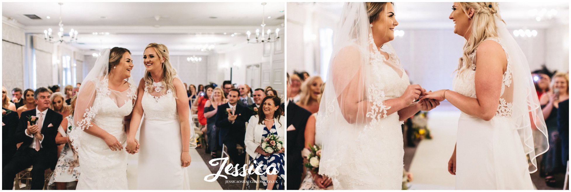 the two brides exchange rings at their mottram hall wedding ceremony