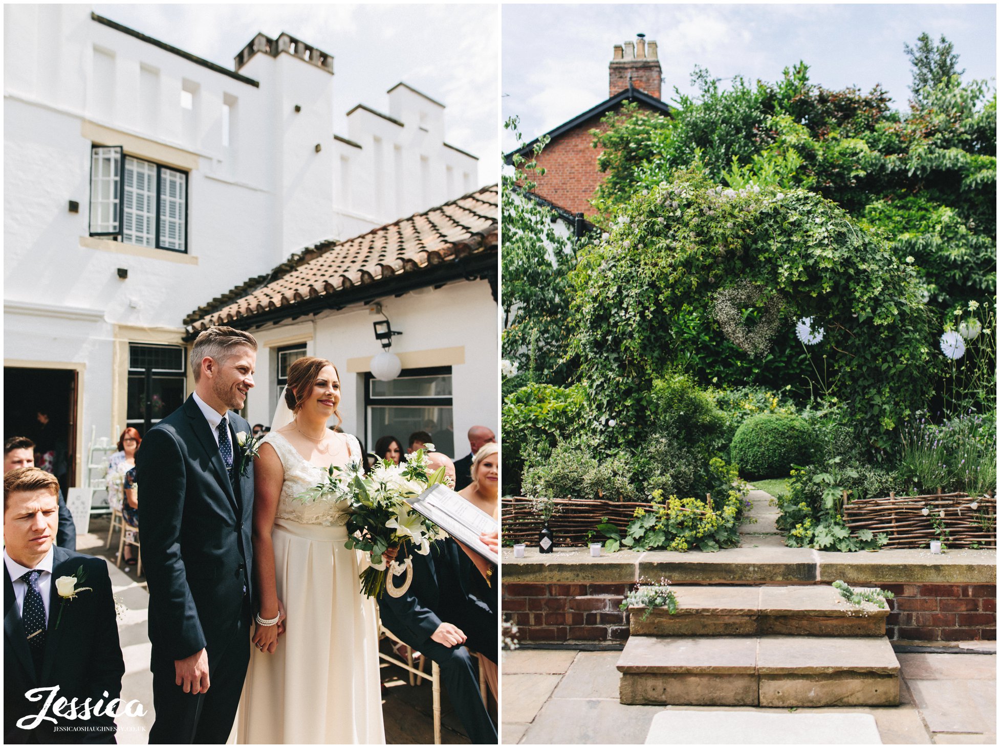the bride & groom have their ceremony outdoors on the roof garden
