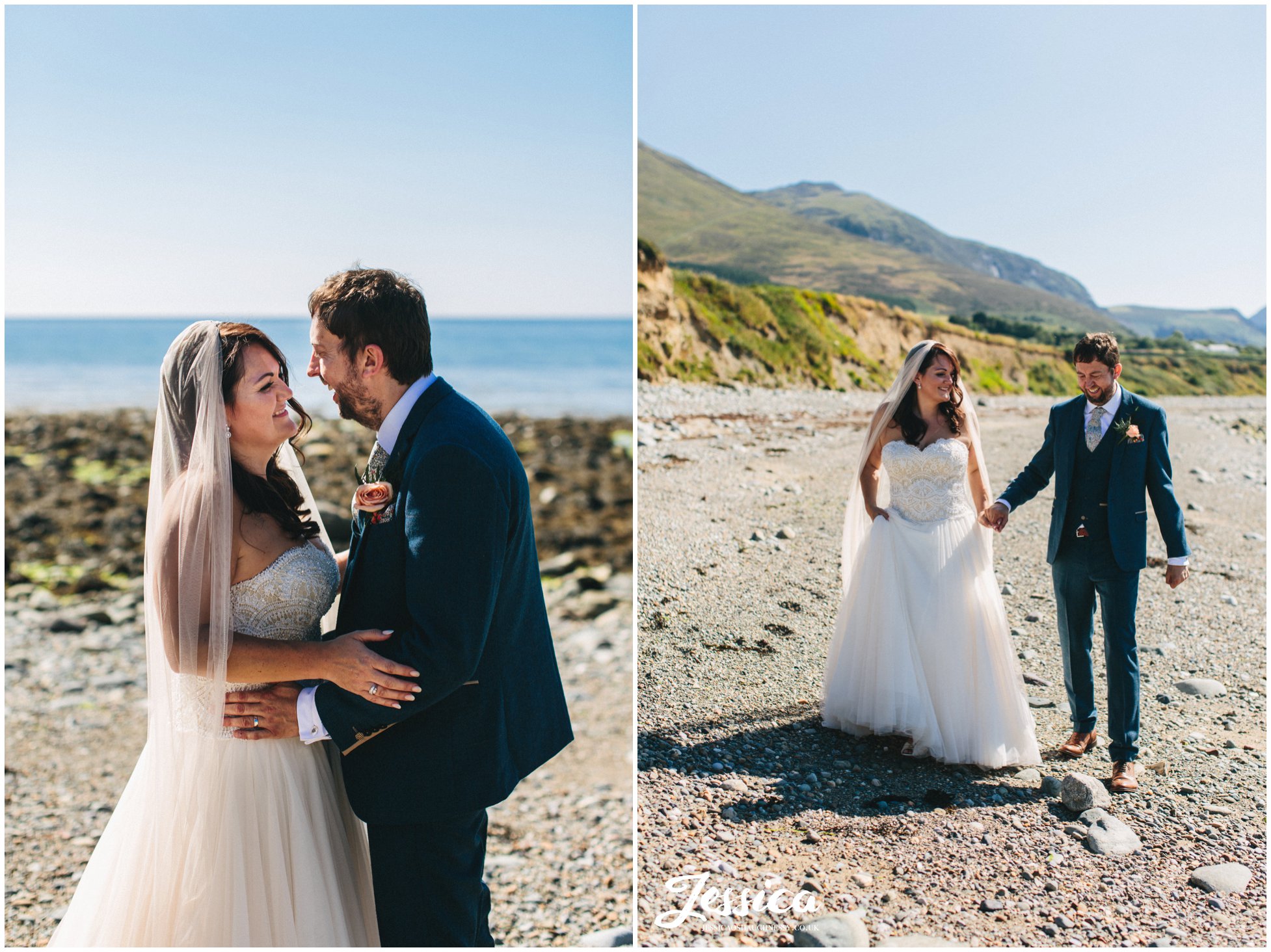 the couple enjoy the sun on Caernarfon bay at their bach wen wedding