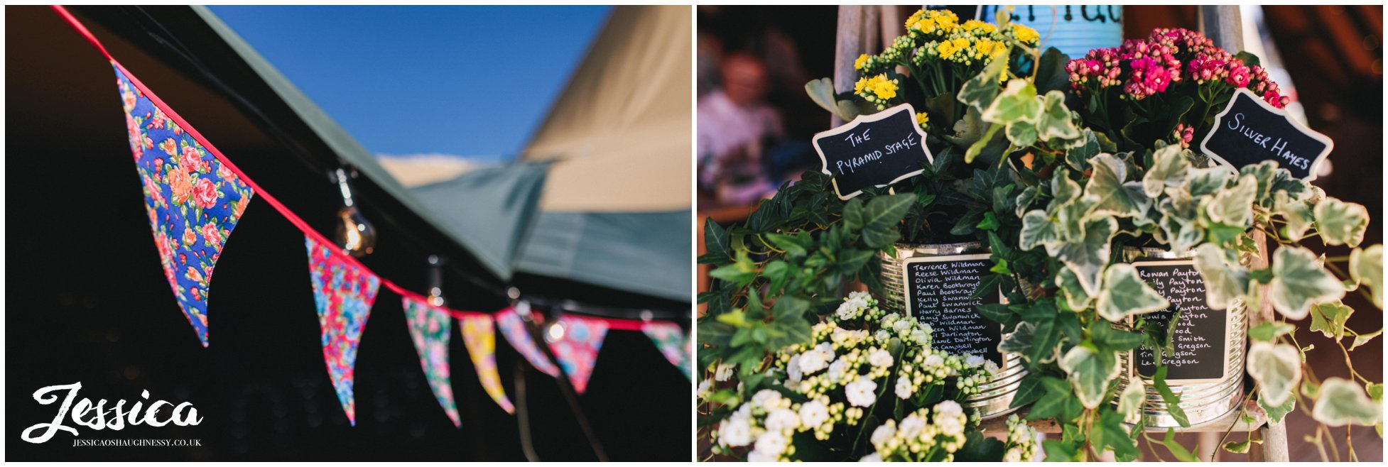 bunting & plants decorate the tipi at bach wen farm