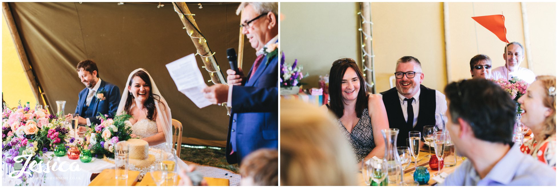 bride laughs whilst her dad delivers his speech