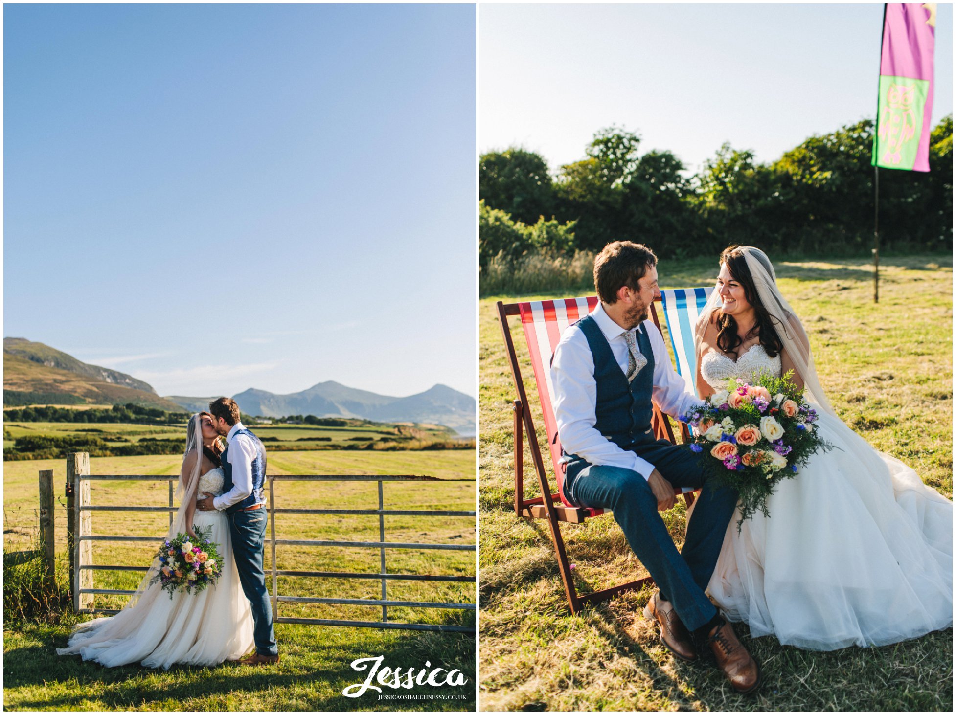 the new couple enjoy the sun at their north wales wedding in Caernarfon